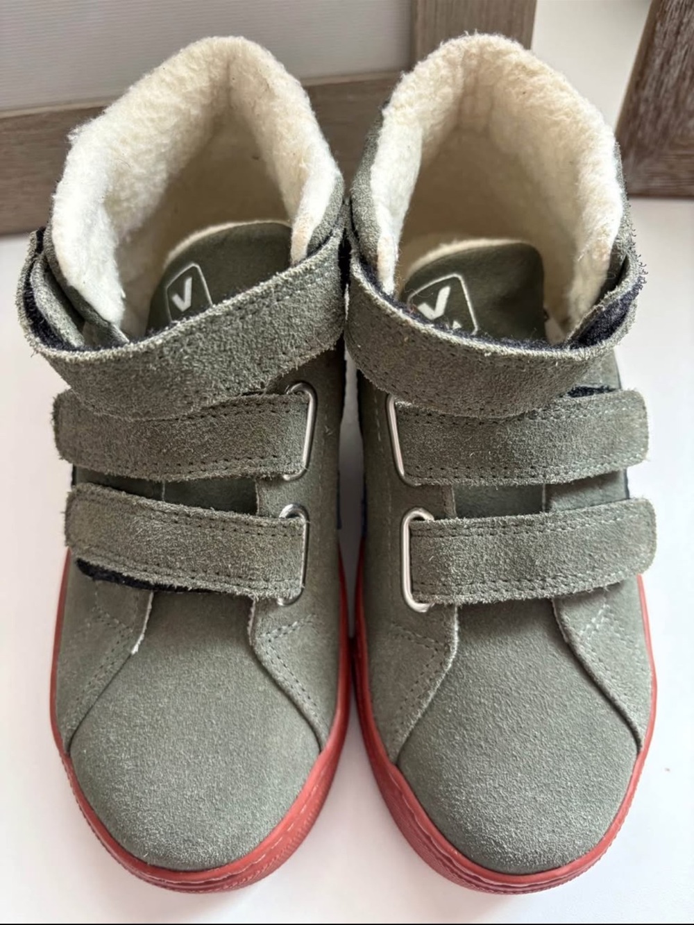 Veja Kids Olive Suede High-Top Boots with Red Sole
